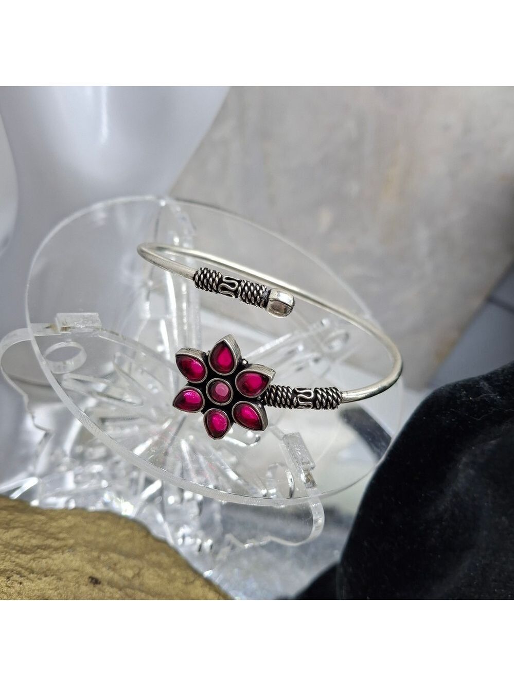 Chic Silver Bracelet with Pink Floral Accents